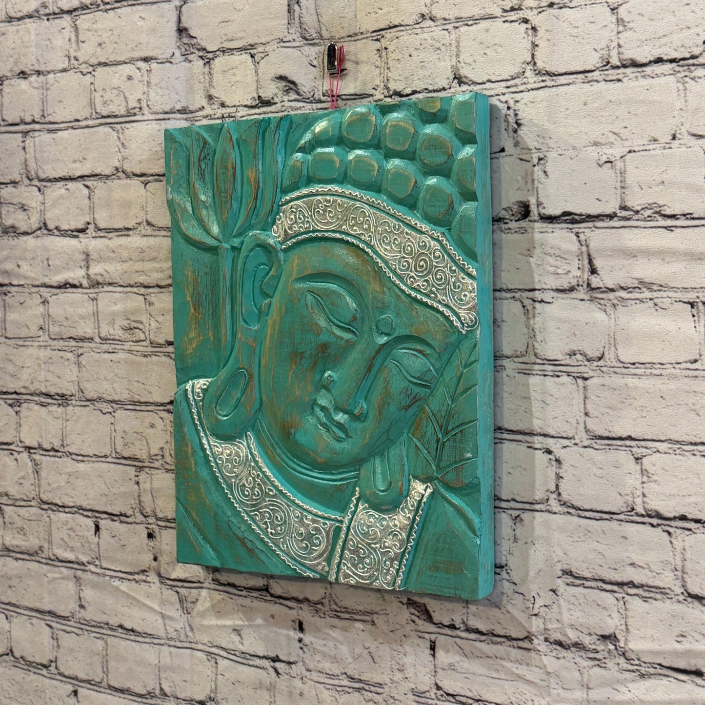 Wooden Wood Panel 40cm Silver Teal Buddha Lotus Wall Art Plaque Handcarved1