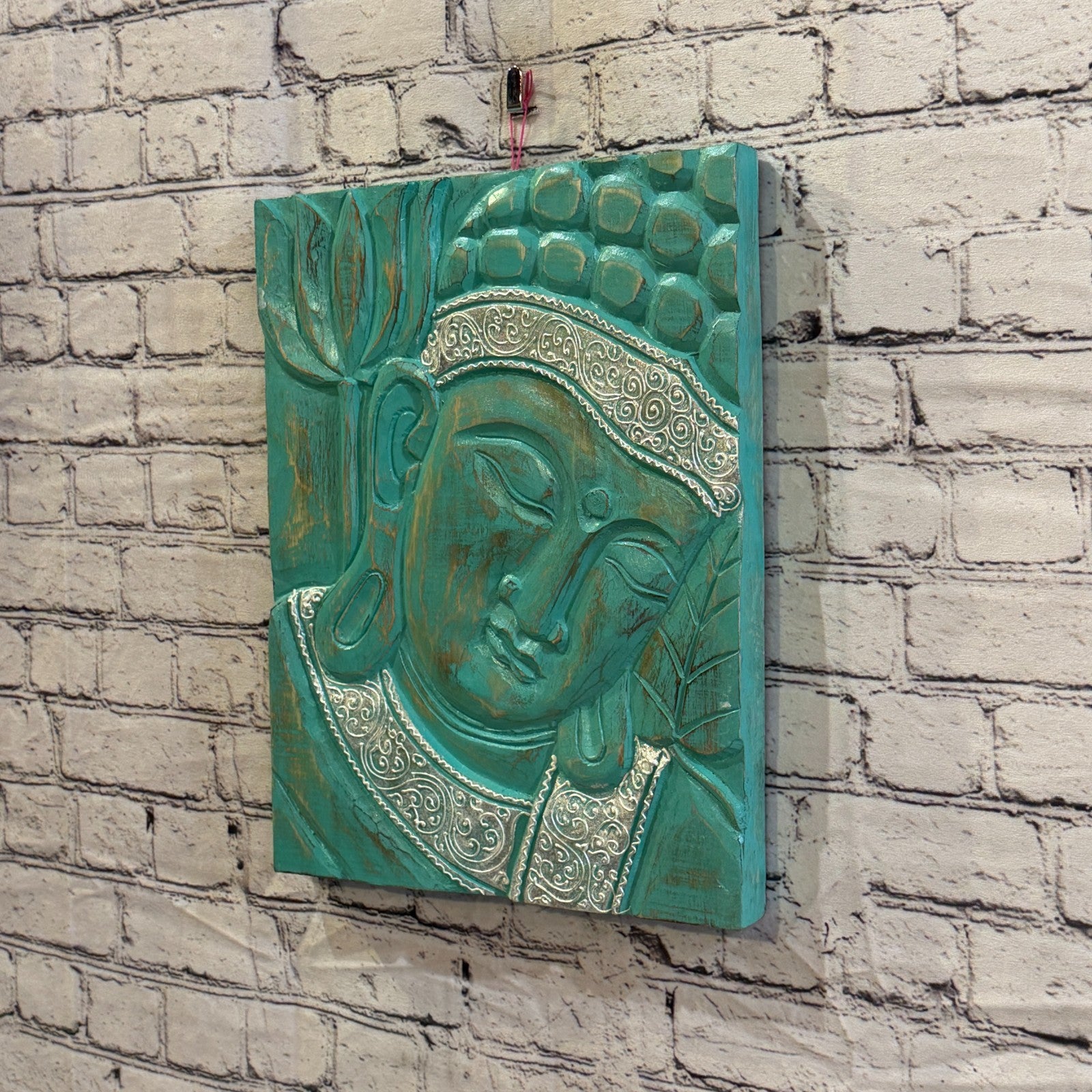 Wooden Wood Panel 40cm Silver Teal Buddha Lotus Wall Art Plaque Handcarved1