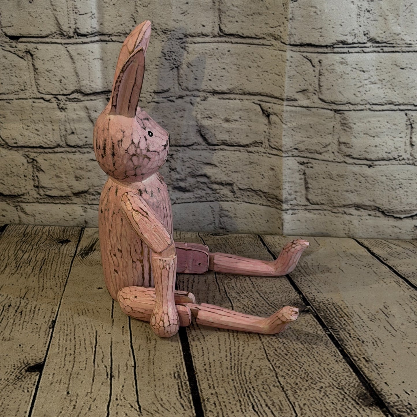 25cm Pink Bunny Rabbit Sitting Animal, Wooden Shelf Ornament Handmade Fairtrade3