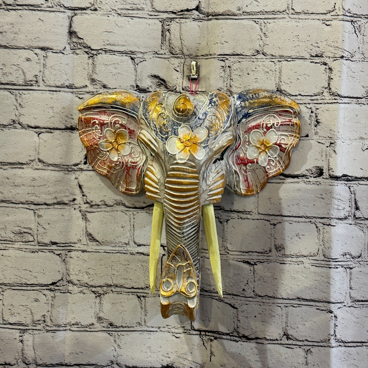 30cm x 30cm Pink Flower Painted Wood Elephant Head Wall Mounted Art Shabby2