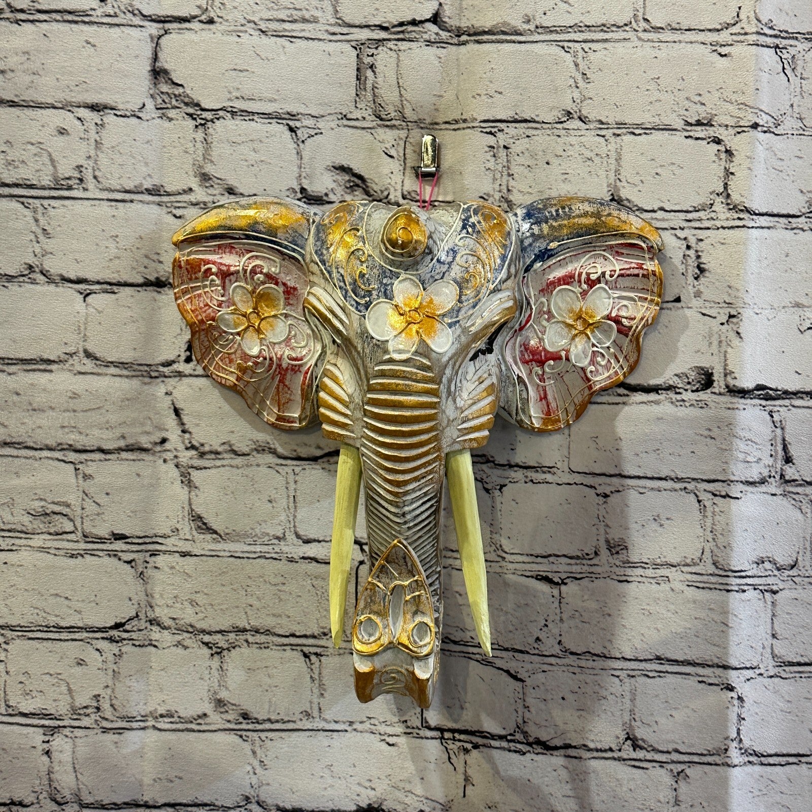 30cm x 30cm Pink Flower Painted Wood Elephant Head Wall Mounted Art Shabby2