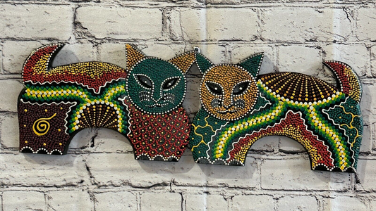 50cm 2 Cats Carved Wooden Dot Painted Ethnic Tribal Tiki Wall Art Handmade No 30