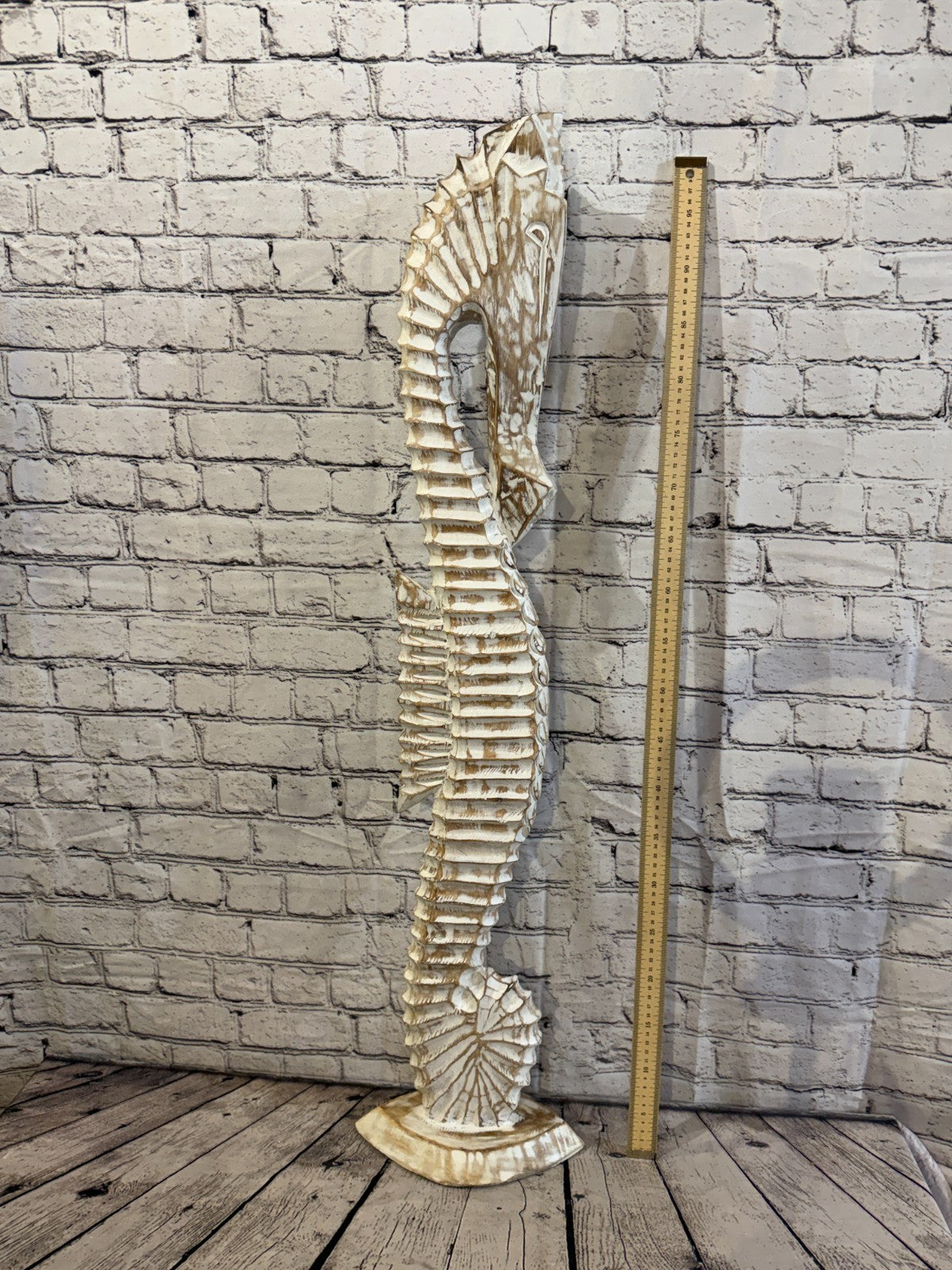 100cm White Wooden Shabby Seahorse Statue Ornament Fair Trade Handcarved5