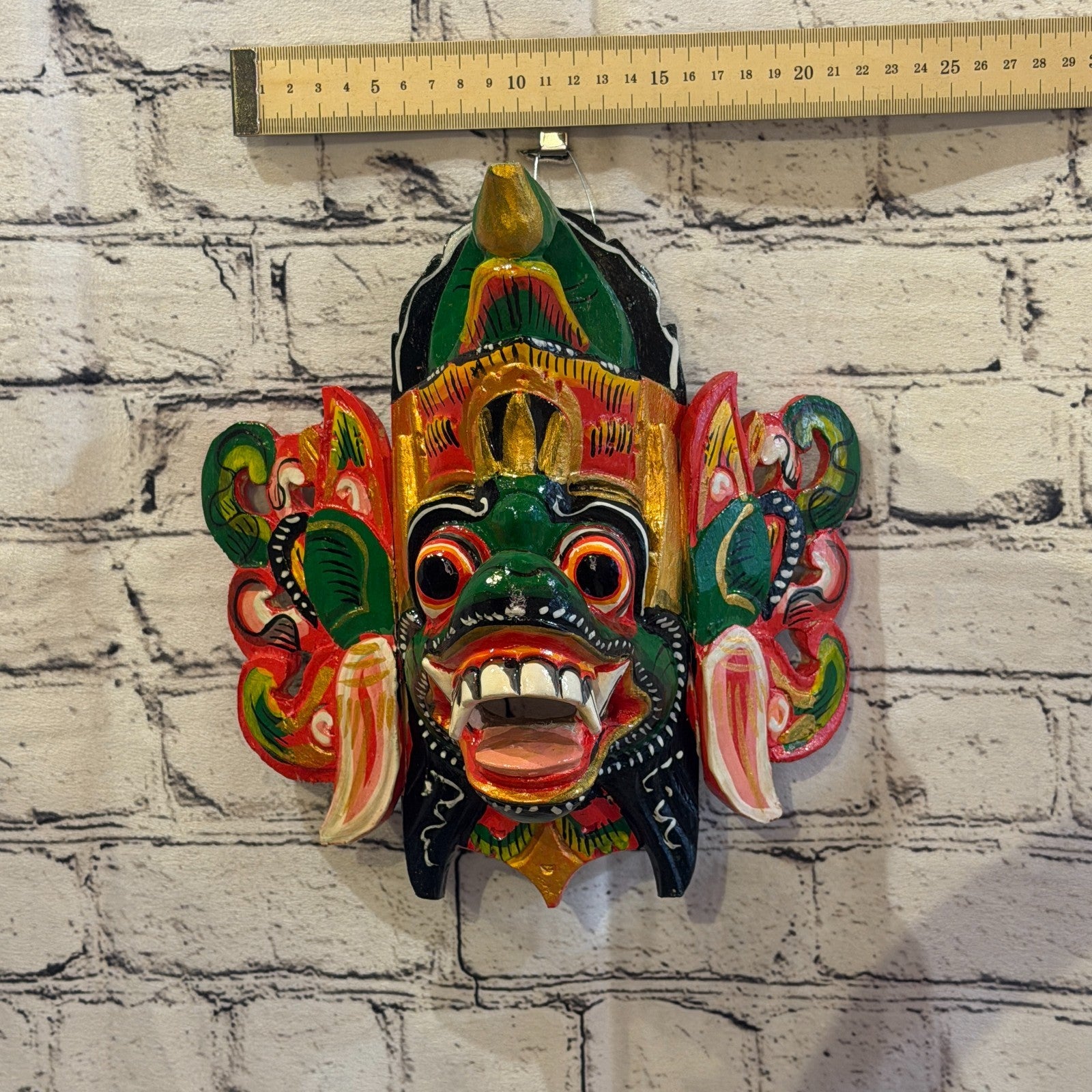 25cm Barong Crown Green Demon Dragon Hindu Deity Wooden Hand Carved Mask Painted4