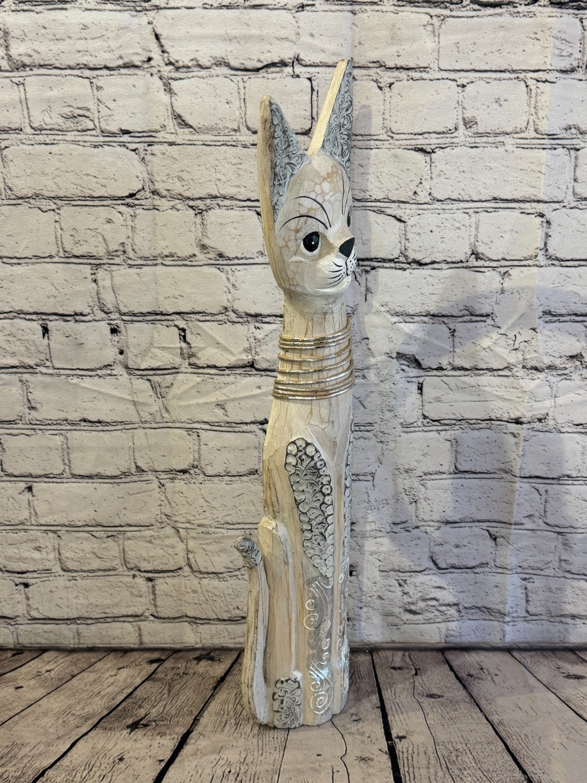 60cm White Silver Dots Wooden Shabby Cat Statue Ornament Fair Trade Handcarved2