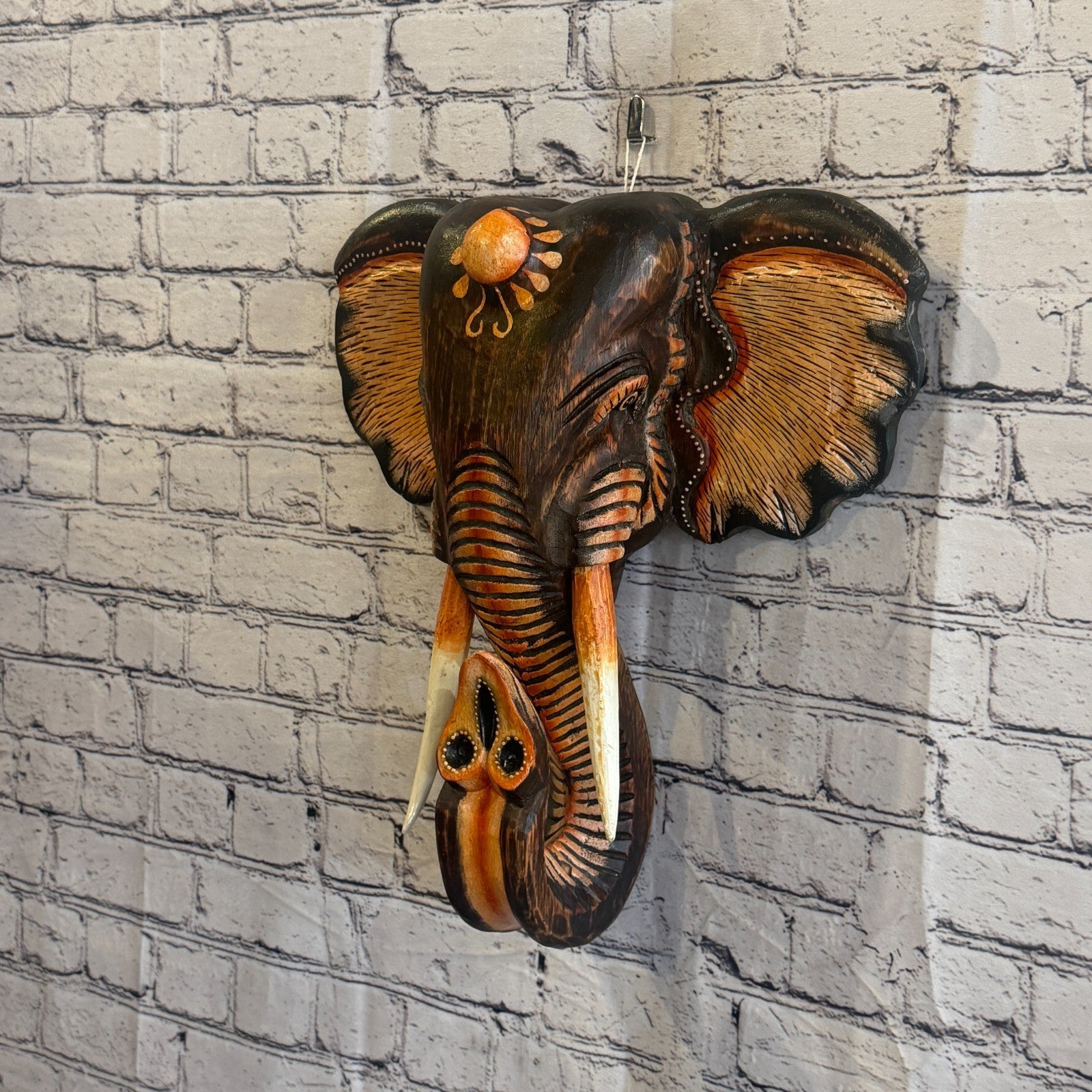 40cm x 35cm Brown Light Painted Wood Elephant Head Wall Mounted Art Shabby1