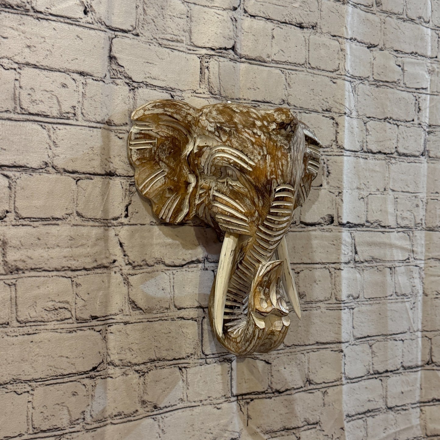 30cm x 30cm Plain Brown Painted Wood Elephant Head Wall Mounted Art Shabby0