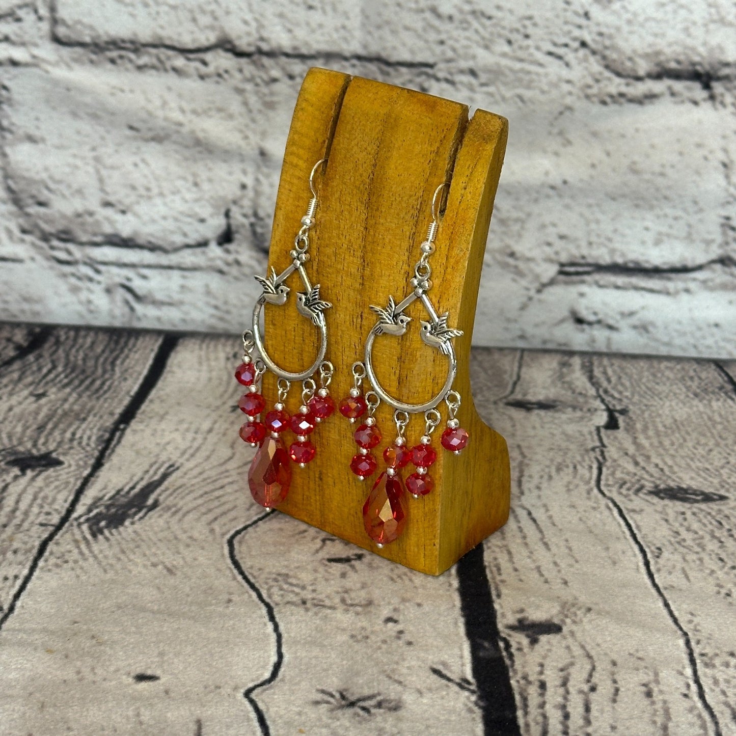 Red Drop Crystal Bird Dangle Drop Earrings Handmade UK Jewellery1