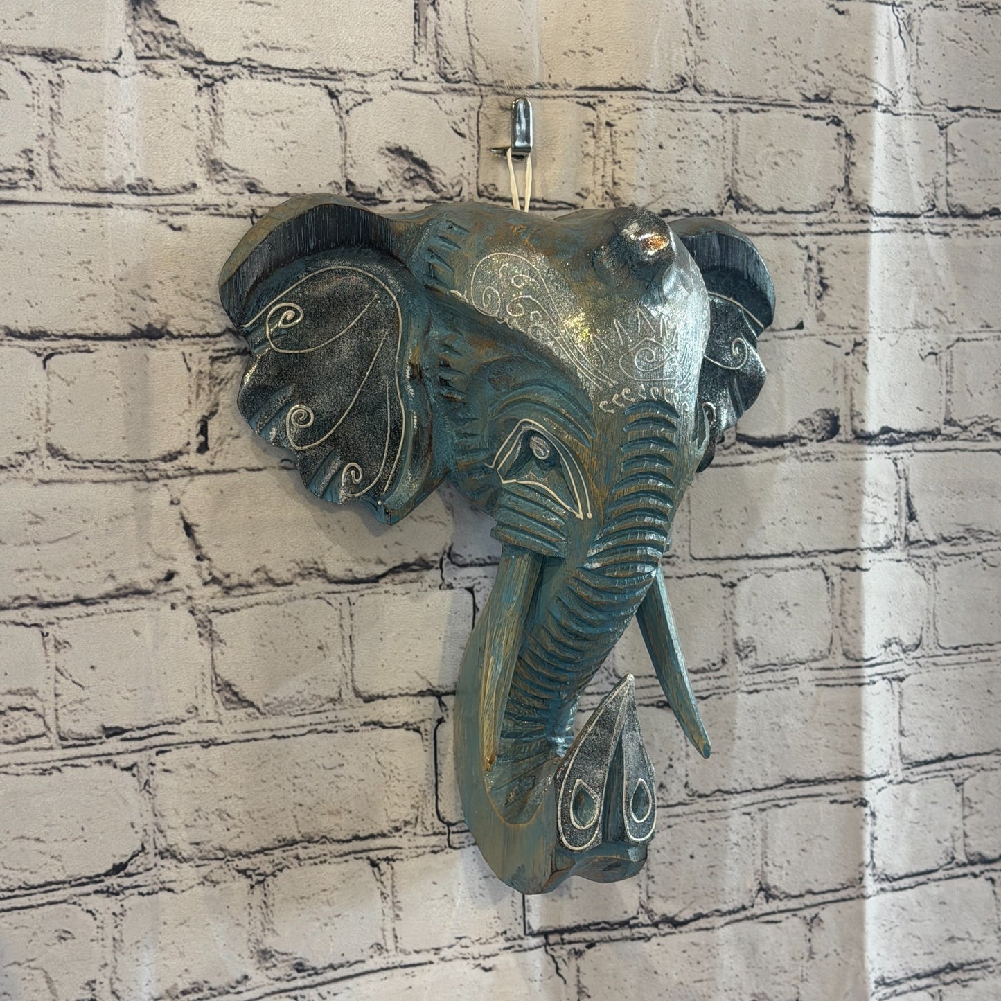 30cm x 30cm Silver Blue Painted Wood Elephant Head Wall Mounted Art Shabby0