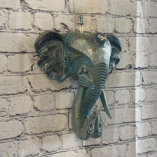 30cm x 30cm Silver Blue Painted Wood Elephant Head Wall Mounted Art Shabby0