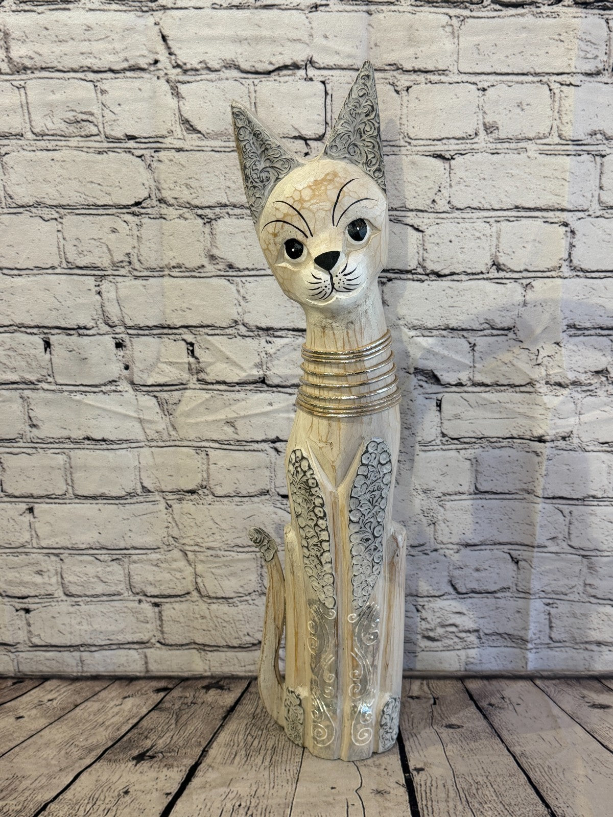 60cm White Silver Dots Wooden Shabby Cat Statue Ornament Fair Trade Handcarved0