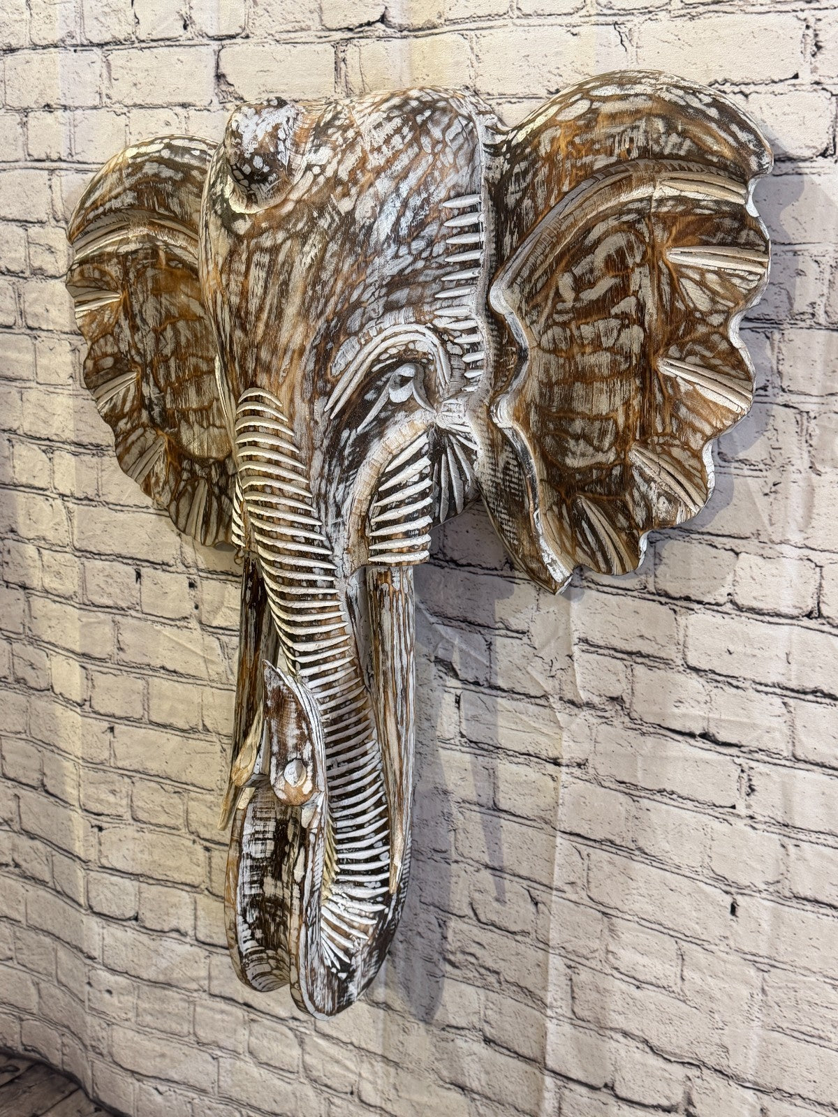 80cm x 65cm Brown Carved Wood Elephant Head Wall Mounted Art Large Shabby1