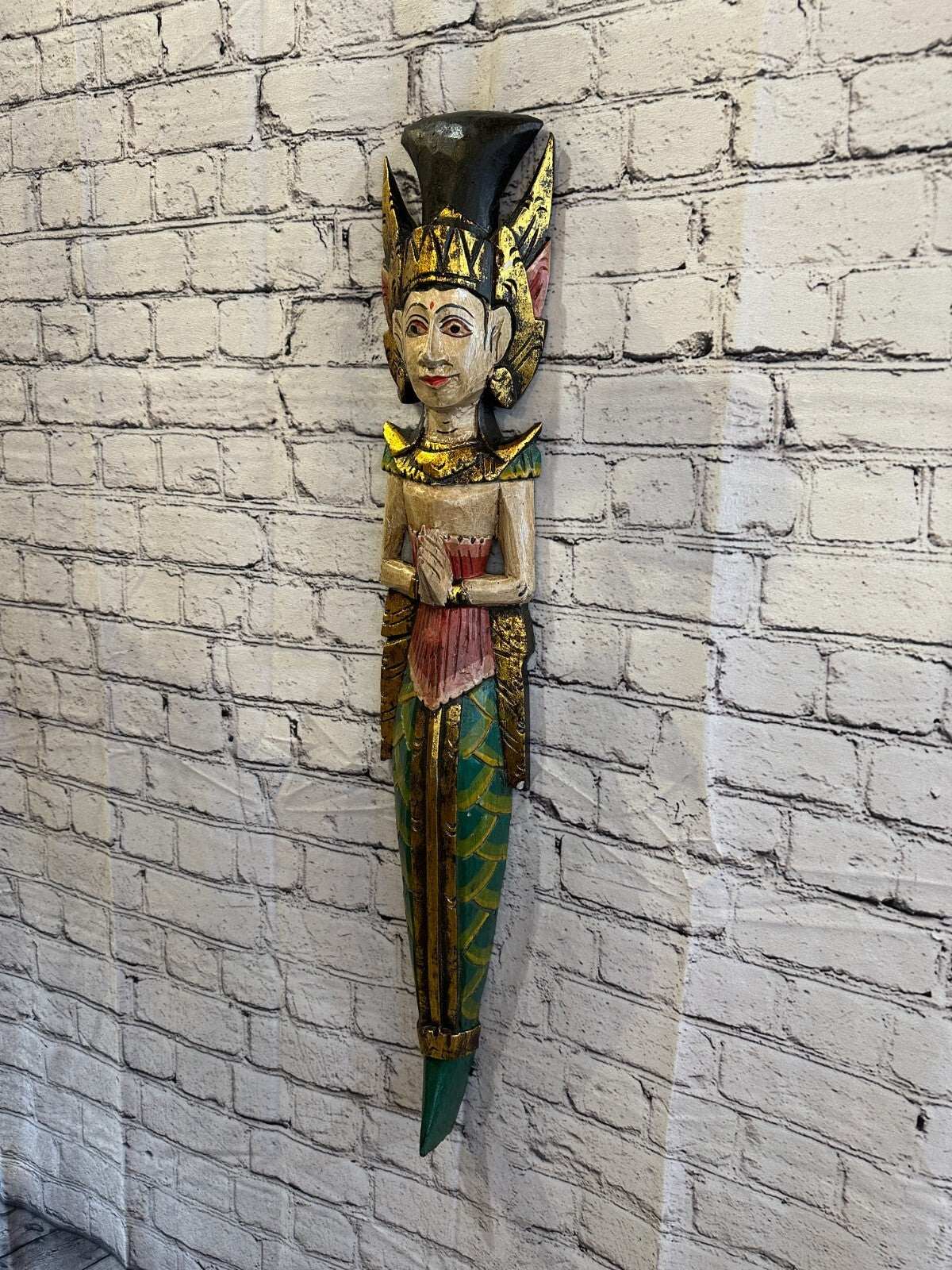 Plain Antique Colour Sita Dewi Bali Rice Goddess Wings Mermaid Wood 80cm Pair2