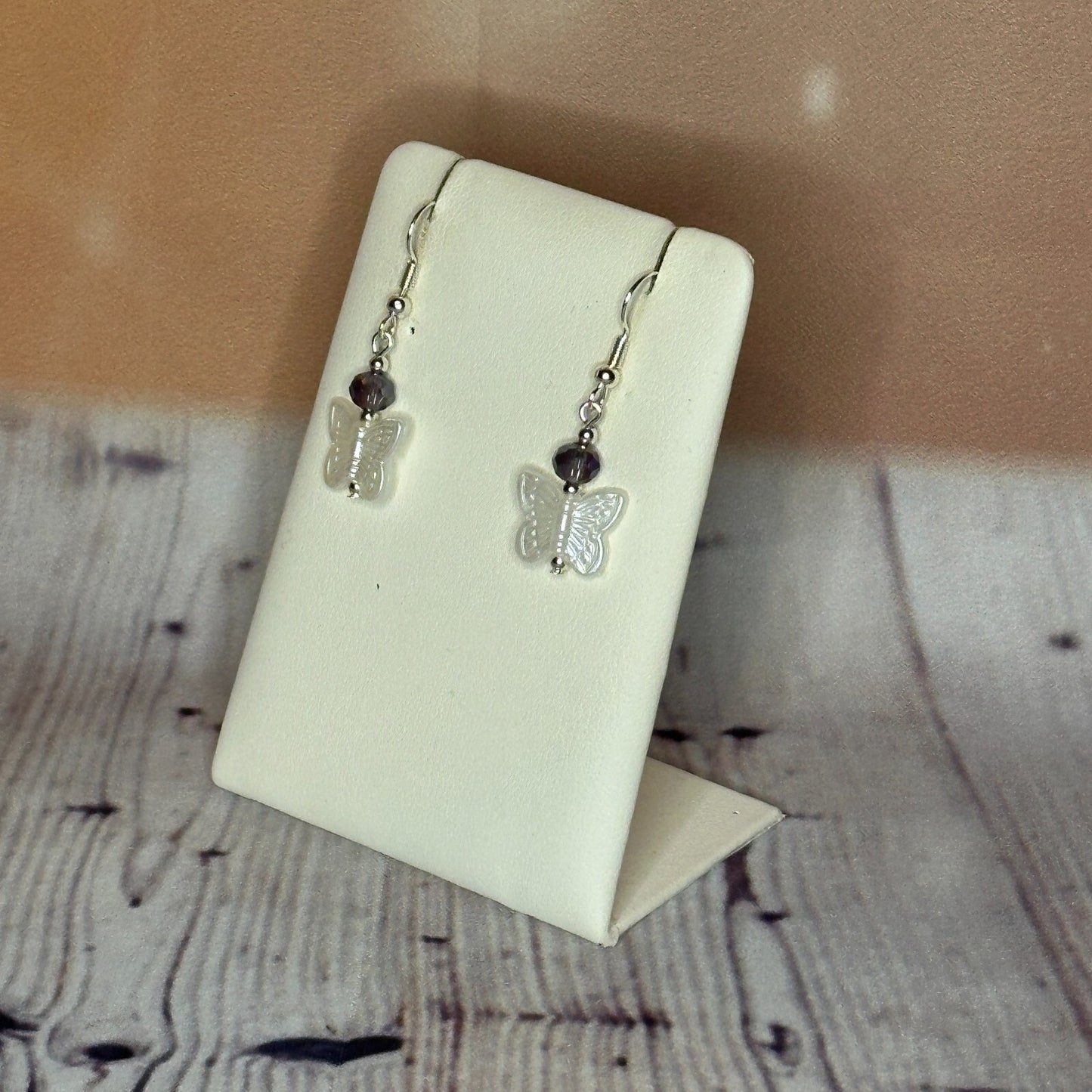 Purple Crystal And White Butterfly Dangle Drop Earrings Handmade UK Jewellery1