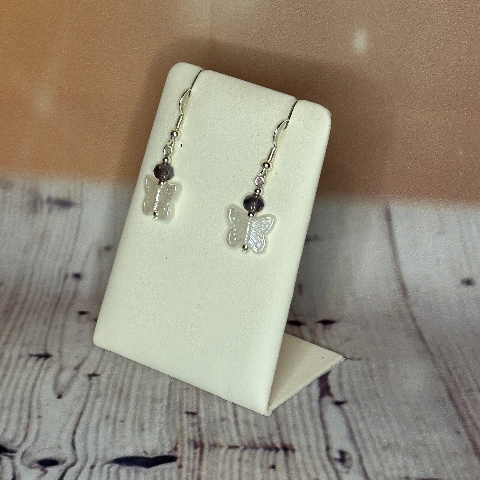 Purple Crystal And White Butterfly Dangle Drop Earrings Handmade UK Jewellery1