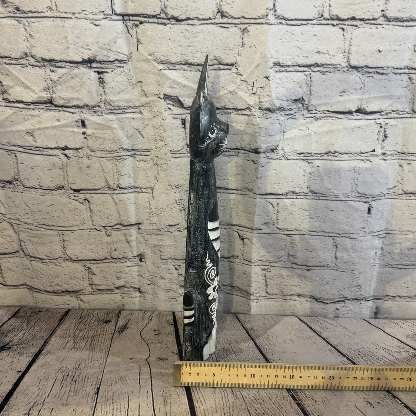 40cm Grey Flower Wooden Shabby Cat Statue Ornament Fair Trade Handcarved7