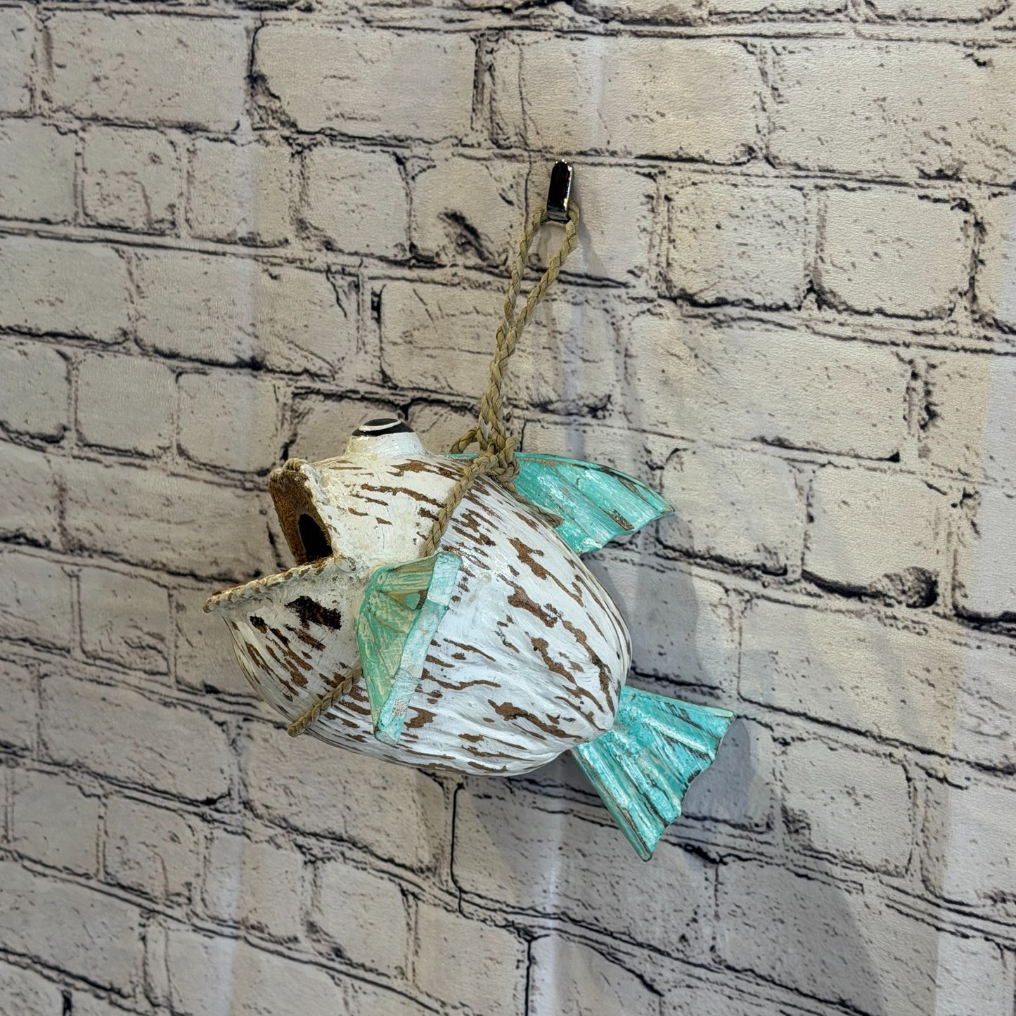 White Green Fins Folk Art Painted Shark Fish Coconut Shell Ornaments Hanging10