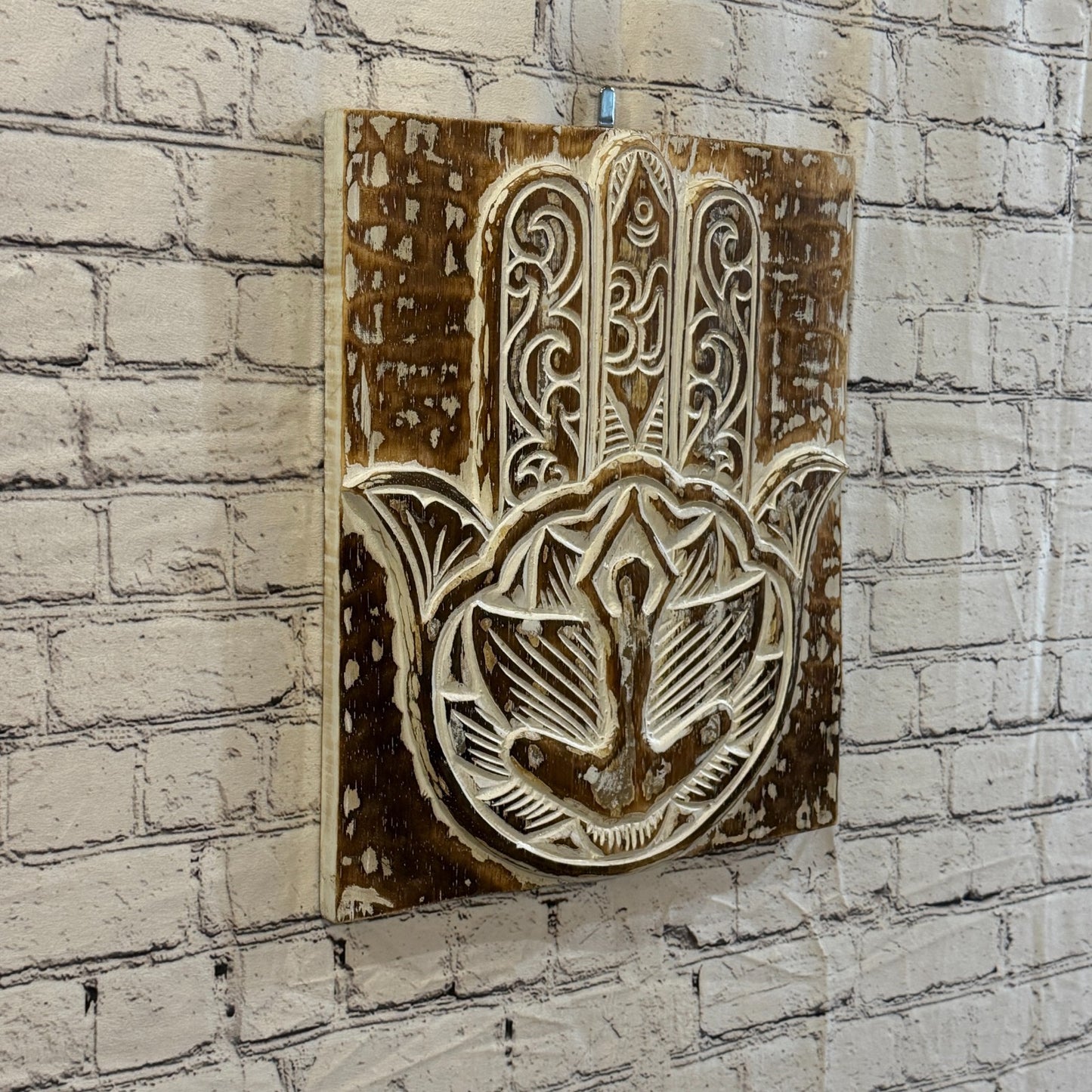 40cm x 35cm Hand Of Fatima Brown Wooden Wood Panel Wall Art Plaque Handcarved0