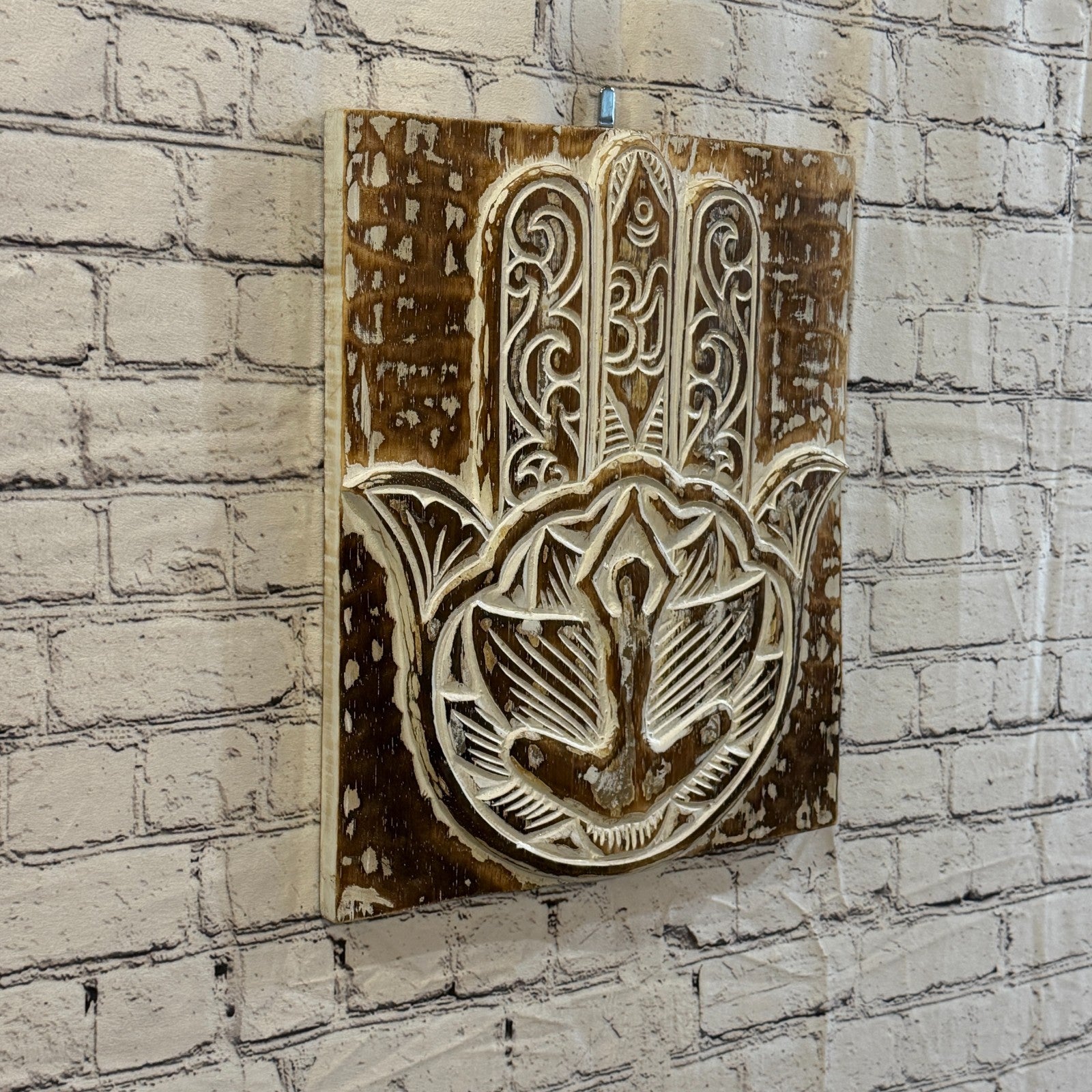 40cm x 35cm Hand Of Fatima Brown Wooden Wood Panel Wall Art Plaque Handcarved0