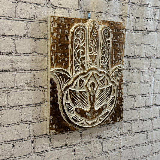40cm x 35cm Hand Of Fatima Brown Wooden Wood Panel Wall Art Plaque Handcarved0