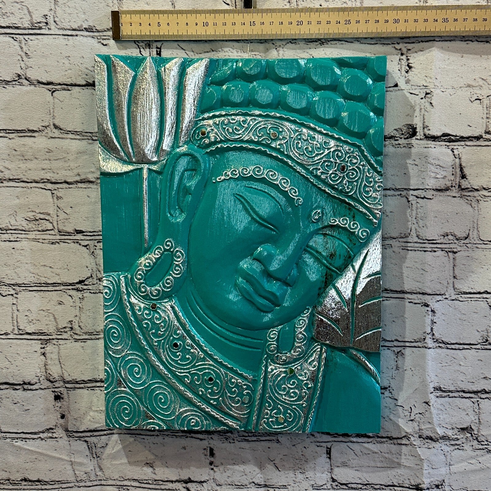 Wooden Wood Panel 40cm Brown Teal Buddha Tall Lotus Wall Art Plaque Handcarved3