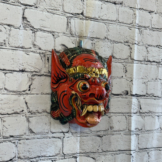 Large Wooden Red Barong Wall Mask 20cm x 20cm Handmade And Fairtrade Hindu0