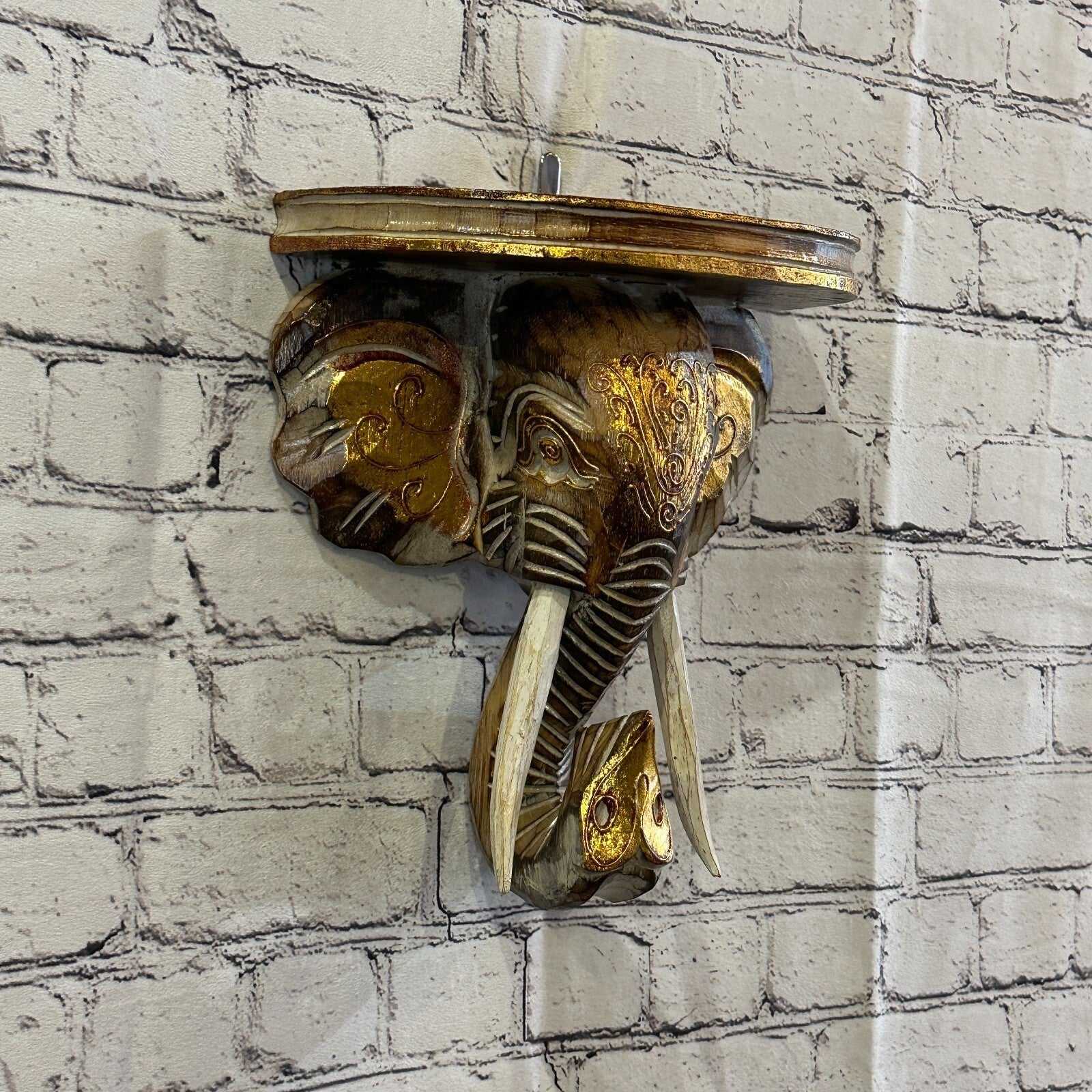 25cm x 25cm Brown Gold Shelf Wood Elephant Head Wall Mounted Art Large Shabby0