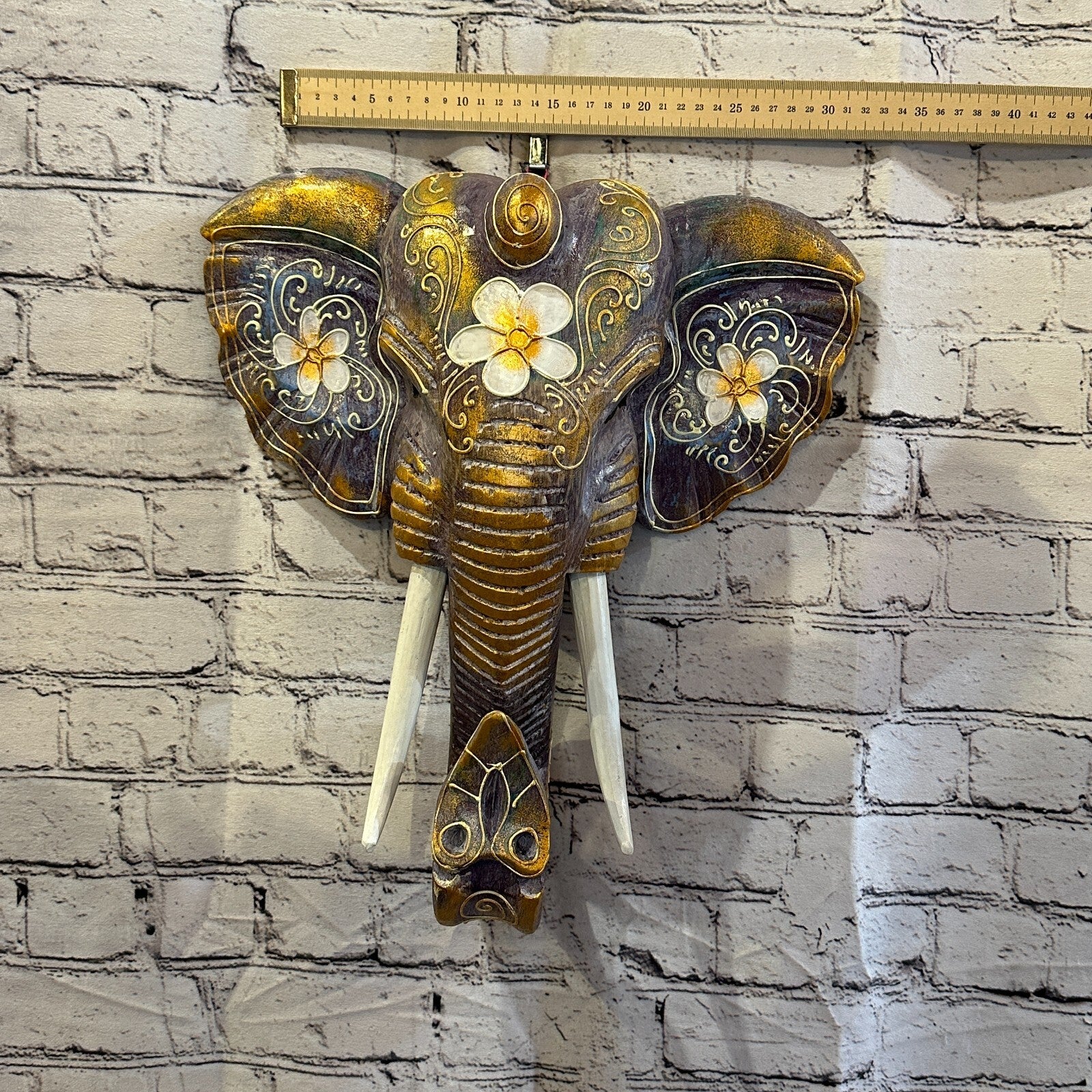 40cm x 35cm Purple Flower Painted Wood Elephant Head Wall Mounted Art Shabby3