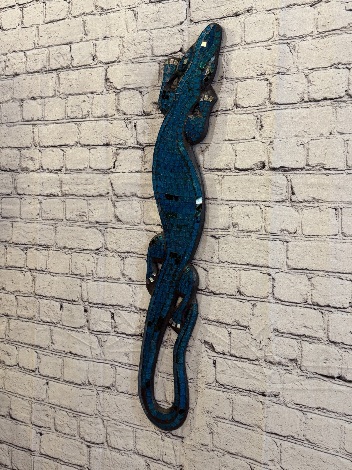 80cm Gecko Sparkling Blue Mosaic Wall Hanging Wooden Ornaments Wood Carving1