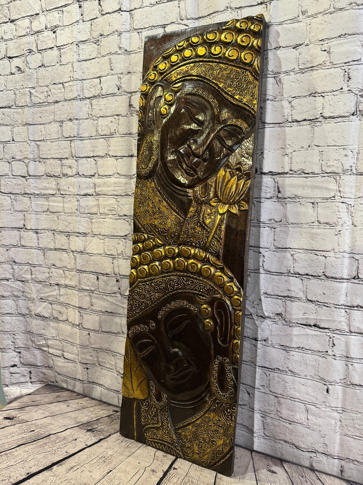 100cm x 30cm Tall Buddha 2 Faces Brown Wooden Wood Panel Wall Art Plaque6