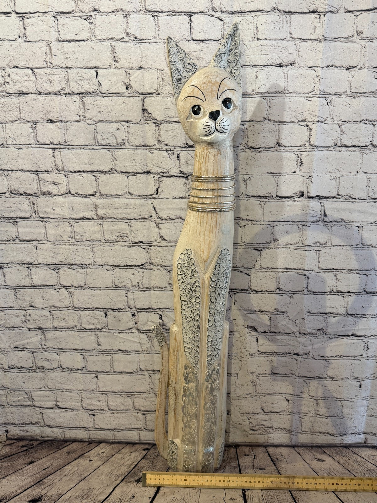 100cm White Silver Dots Wooden Shabby Cat Statue Ornament Fair Trade Handcarved6