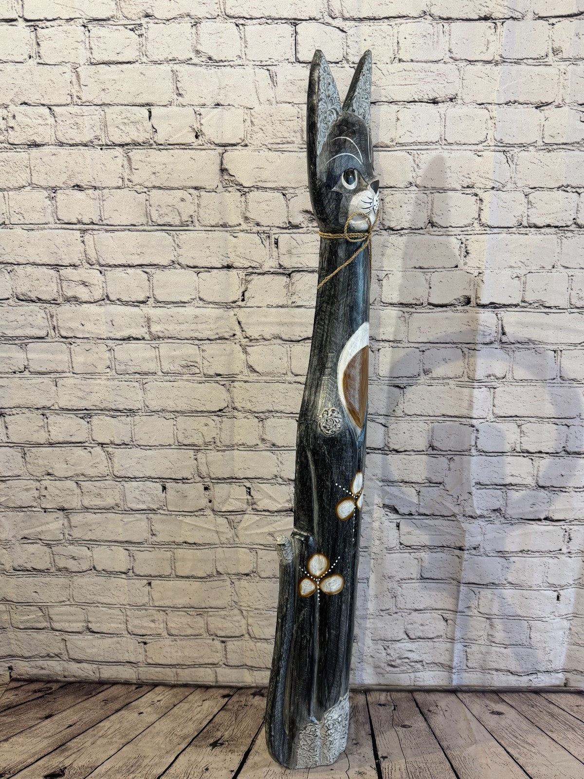 100cm Grey Silver Dots Wooden Shabby Cat Statue Ornament Fair Trade Handcarved2