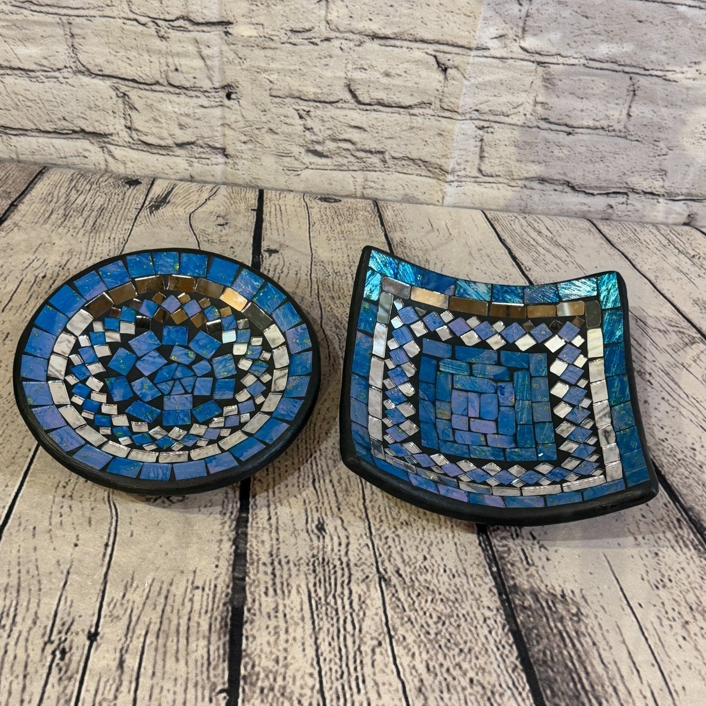 25cm Light Blue Square Mirror Mosaic Handmade Ceramic Glass Tile Bowl Fruit5