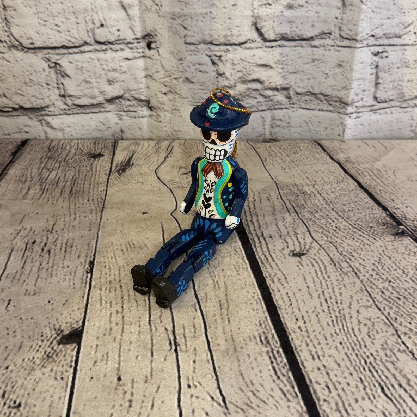 10cm Navy Day Of The Dead Man Sitting Animal, Wooden Shelf Ornament Fairtrade0