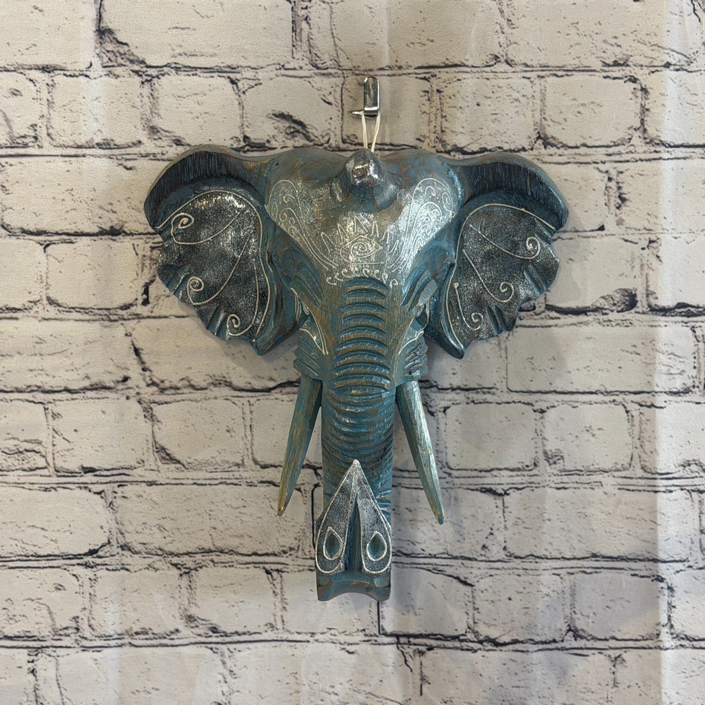 30cm x 30cm Silver Blue Painted Wood Elephant Head Wall Mounted Art Shabby2