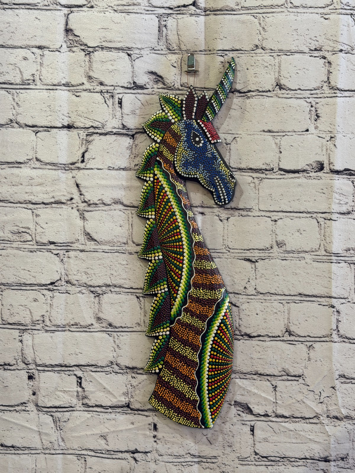 45cm Unicorn Carved Wooden Dot Painted Ethnic Tribal Tiki Wall Art No 62