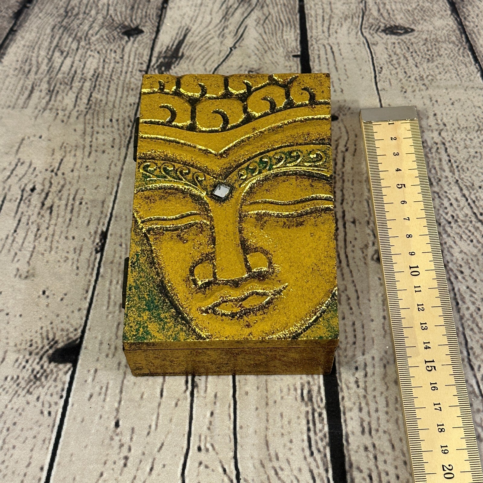 Bright Gold Thai Plain Buddha Head 10cm x 15cm x 4cm Wooden Box Trinket Handmade4