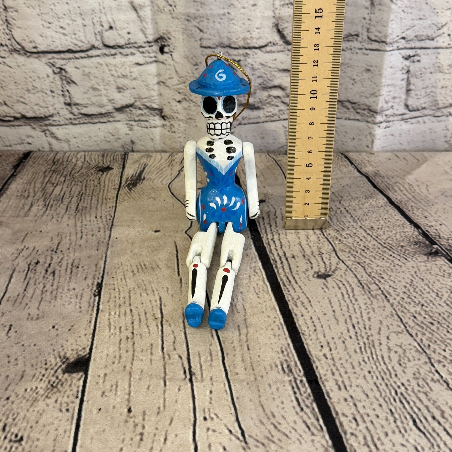 10cm Blue Day Of The Dead Lady Sitting Animal, Wooden Shelf Ornament Fairtrade5