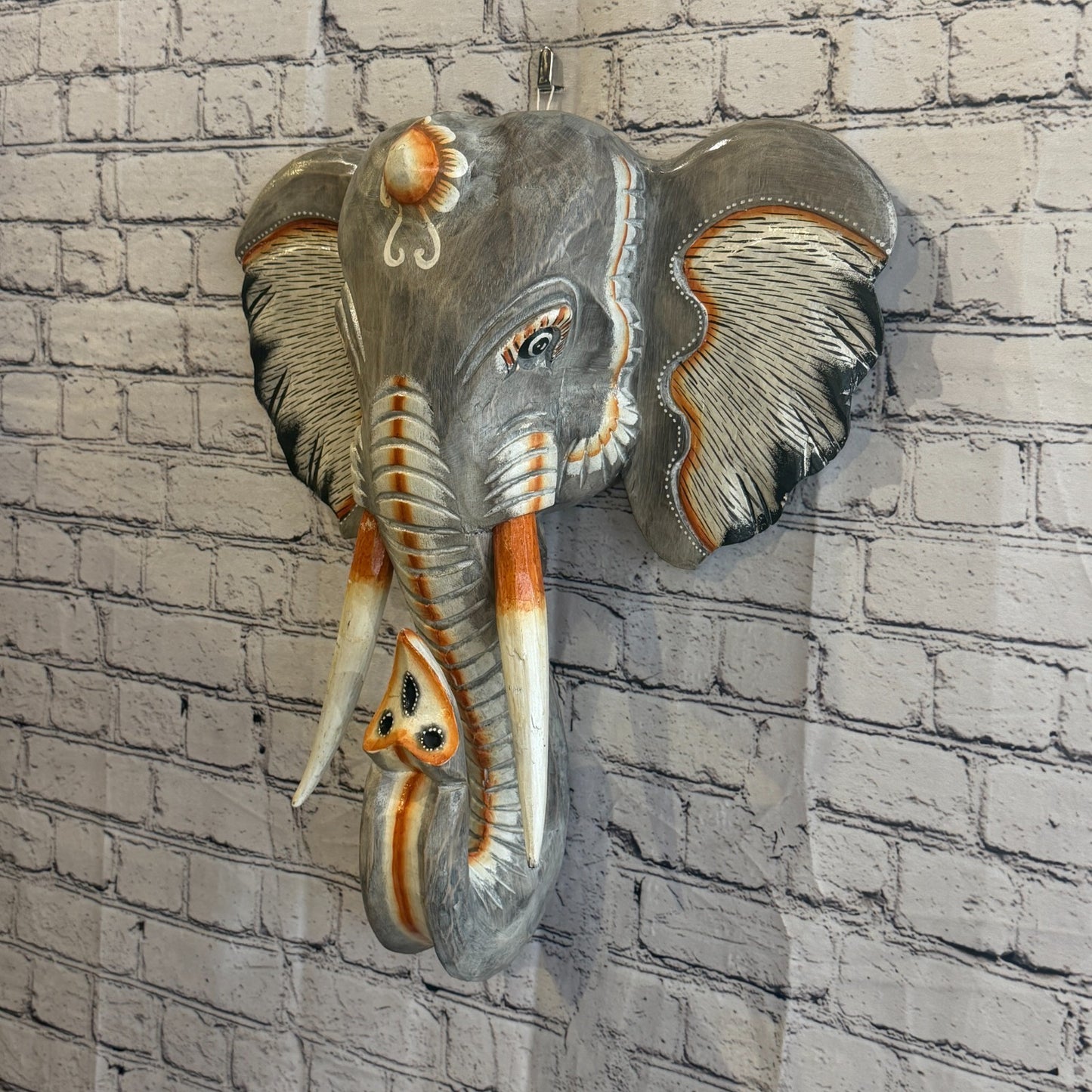 50cm x 45cm Grey Light Painted Wood Elephant Head Wall Mounted Art Shabby1