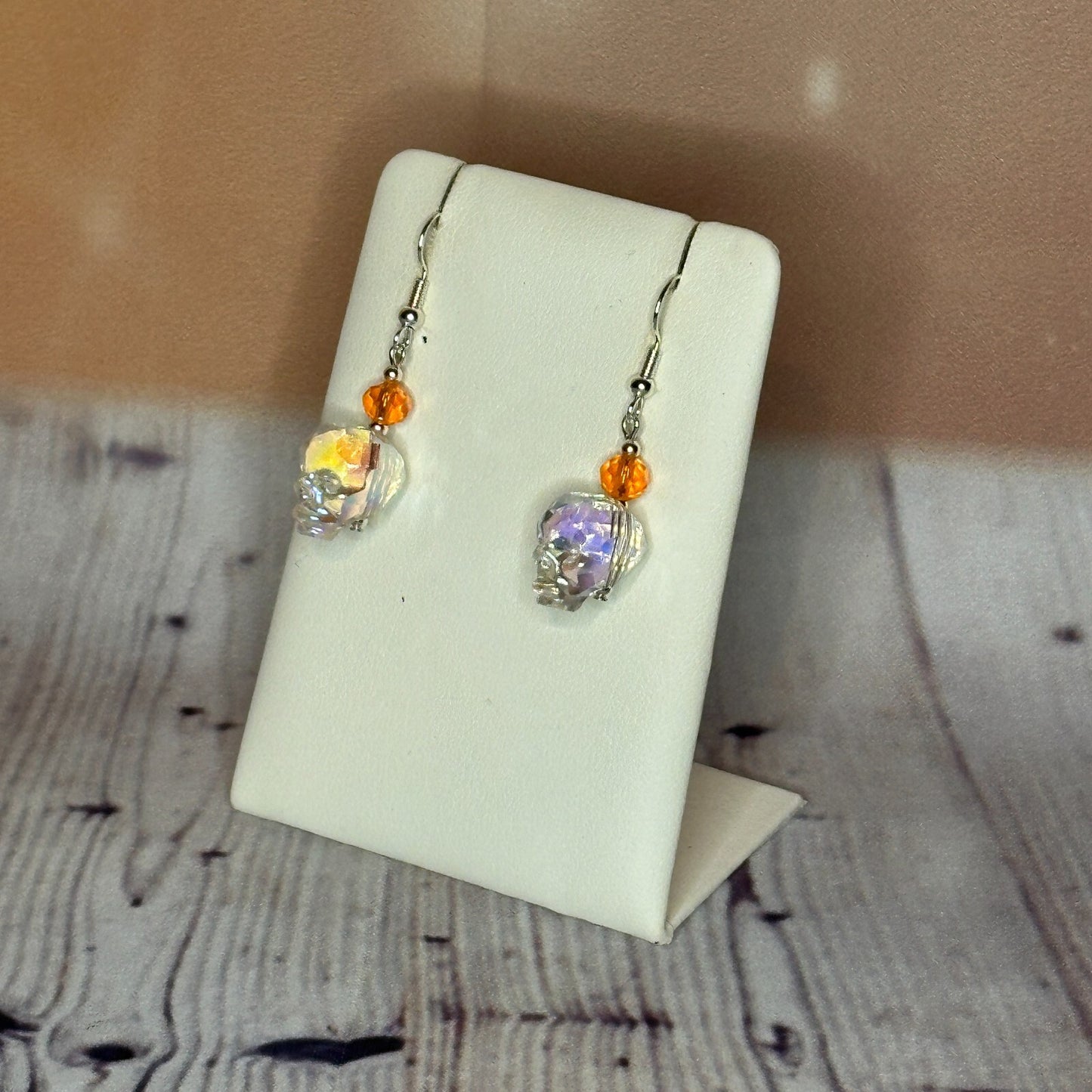 Orange Crystal And Skull Shaped Dangle Drop Earrings Handmade UK Jewellery1