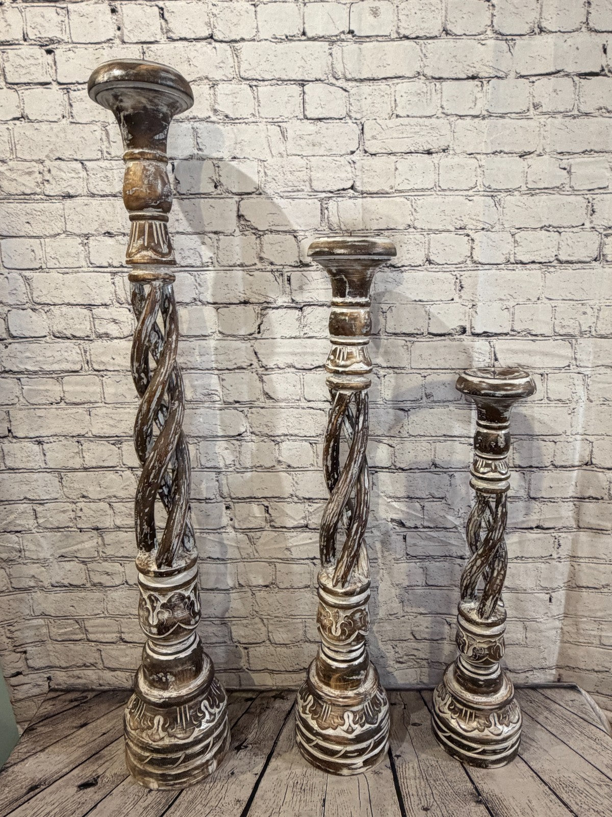 80cm x 18cm Brown Twist Wooden Vintage Style Candle Stand Shabby Pillar Holders5