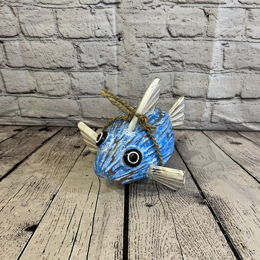 White Blue Folk Art Hand Painted Puffer Fish Coconut Shell Ornaments Hanging0