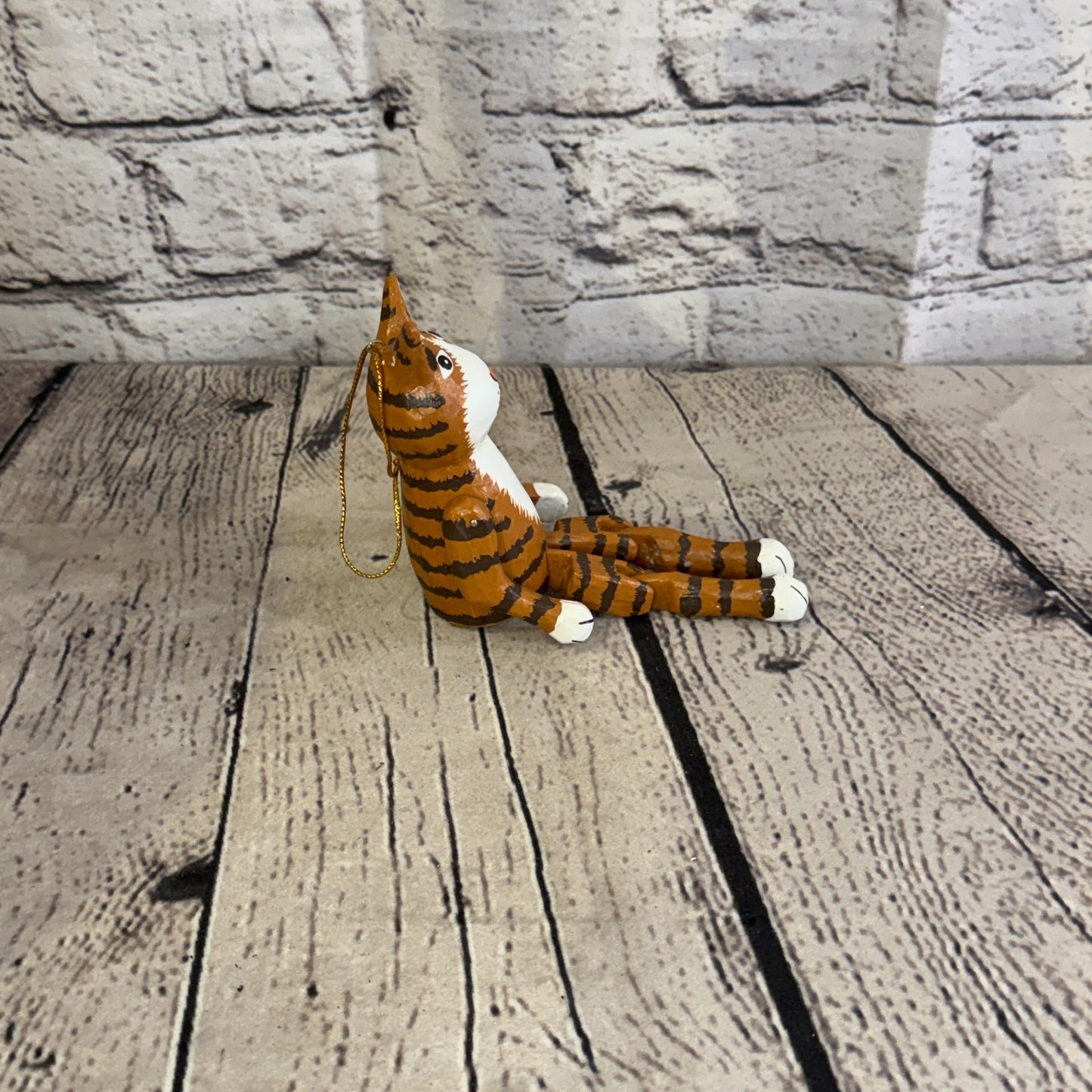 10cm Brown Tabby Cat Sitting Animal, Wooden Shelf Ornament Handmade Fairtrade3