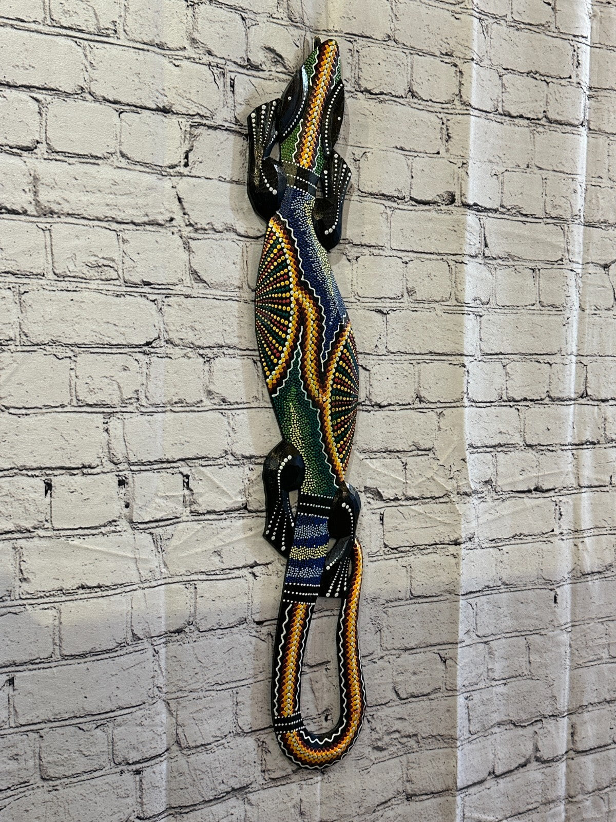 80cm Gecko Carved Wooden Dot Painted Ethnic Tribal Tiki Wall Handmade No 10