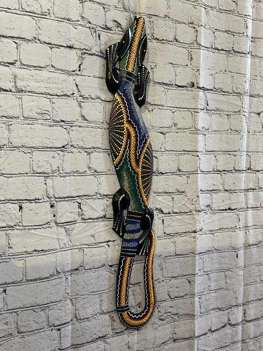80cm Gecko Carved Wooden Dot Painted Ethnic Tribal Tiki Wall Handmade No 10