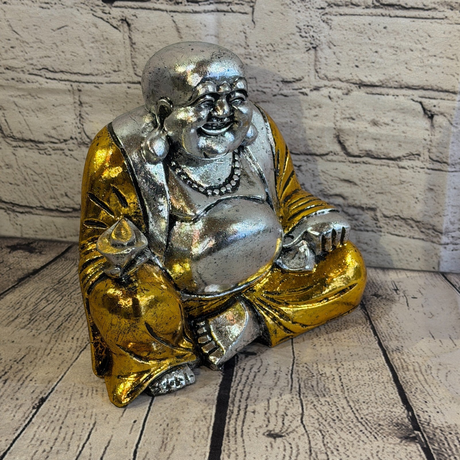 Silver And Gold 20cm x 20cm Large Chinese Buddha Sitting On Lotus Statue Resin2