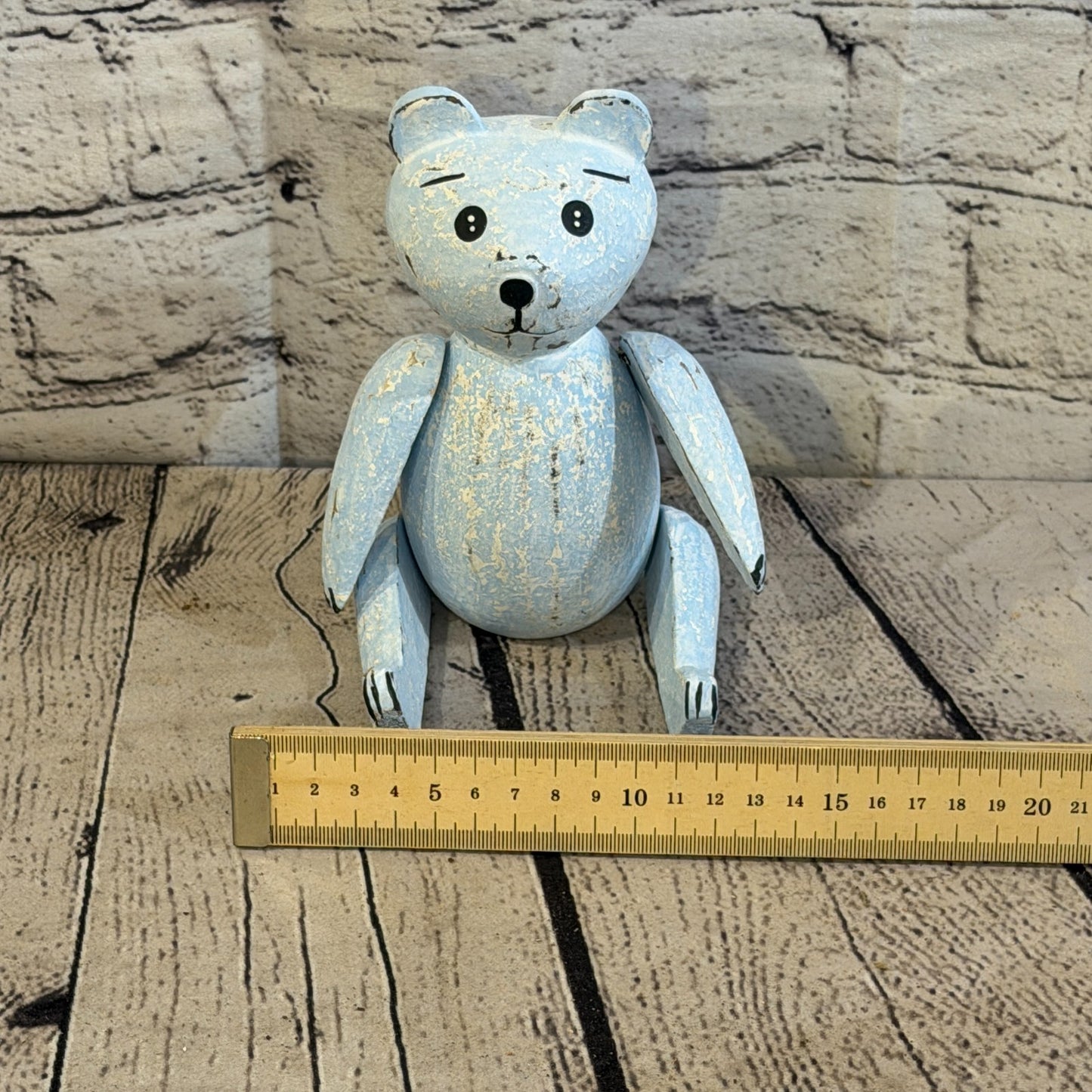 15cm Blue Teddy Bear Sitting Animal, Wooden Shelf Ornament Handmade & Fairtrade6