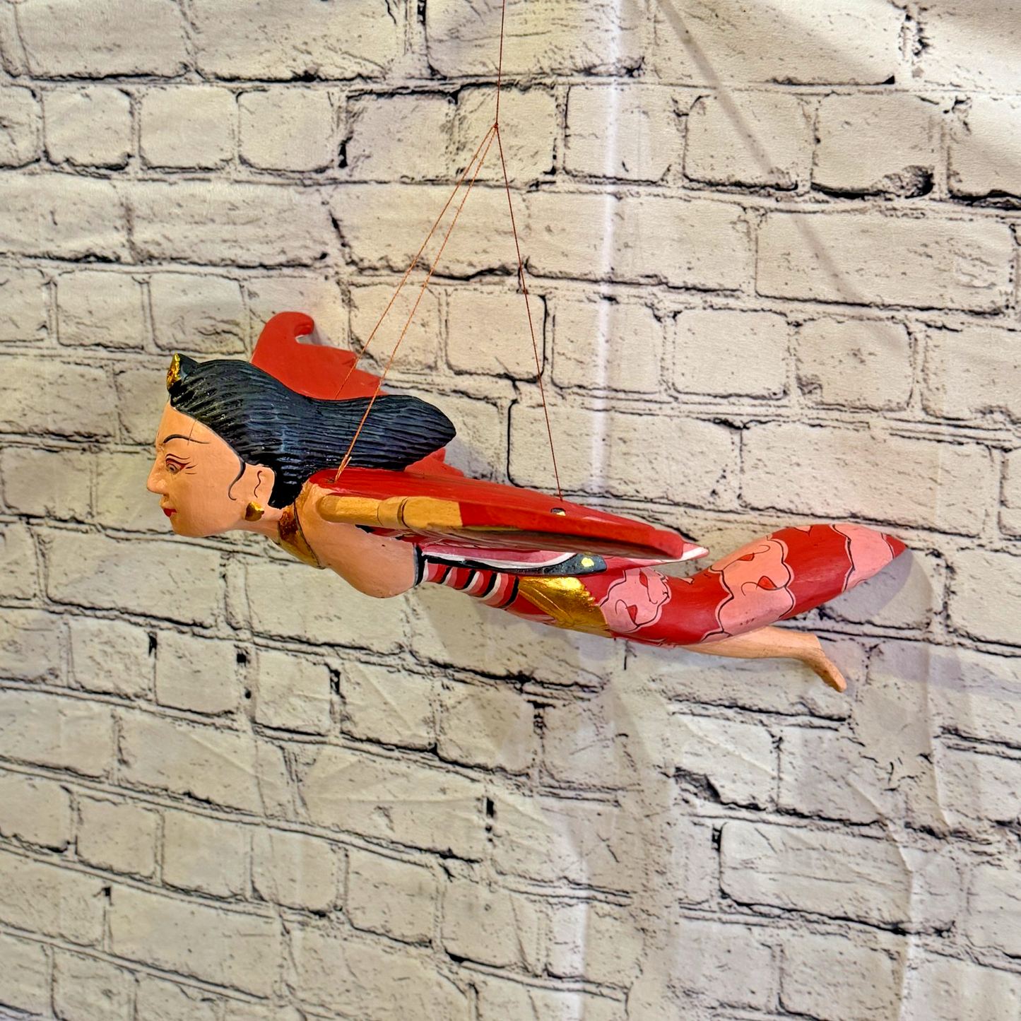 35cm Red Sita Hindu Folk Art Carved Wood Flying Winged Mobile Spirit Guardian0