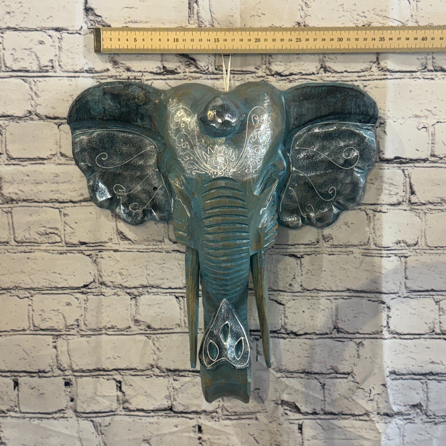 40cm x 35cm Silver Blue Painted Wood Elephant Head Wall Mounted Art Shabby3