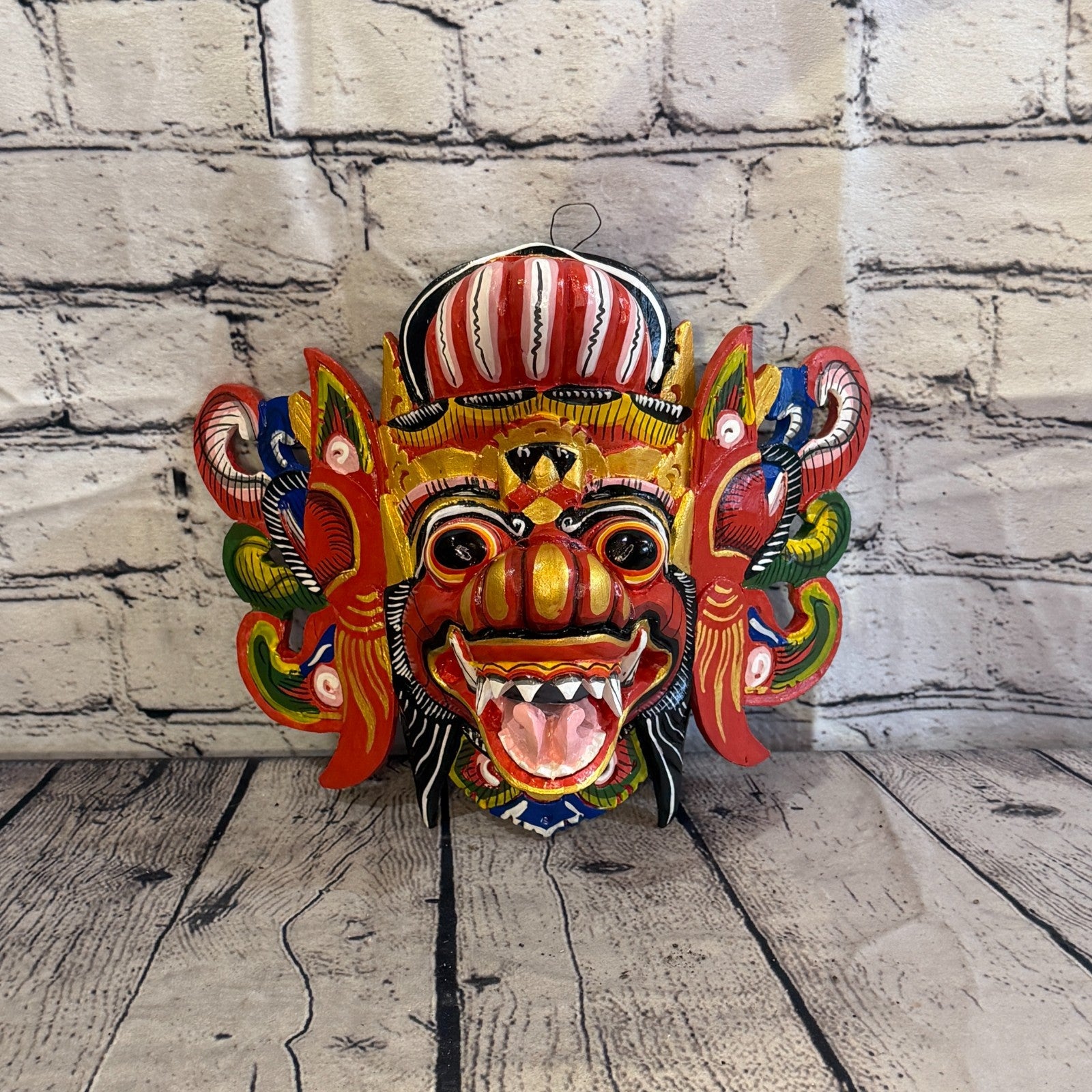 20cm Barong Wide Red Demon Dragon Hindu Deity Wooden Hand Carved Mask Painted2